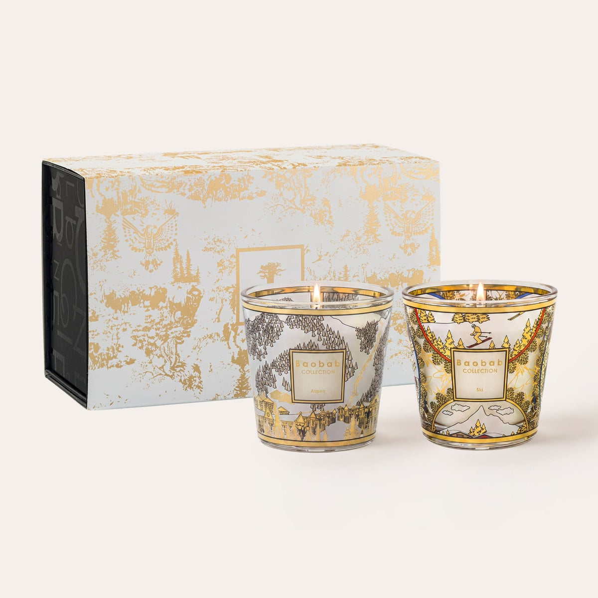 Baobab Candle Duo Ski & Aspen: two scented candles in gold-printed glass with gold and white gift box, 8 cm each