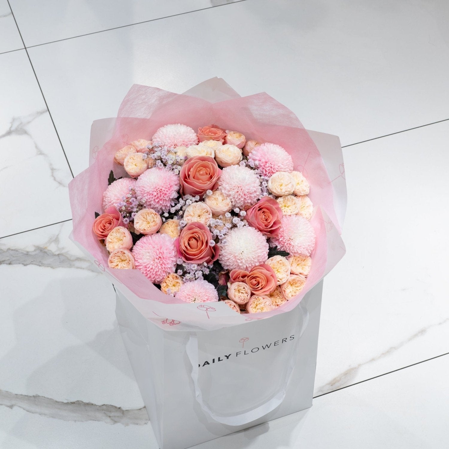 Cherry Blossom Chic bouquet with roses and gypsophila by Daily Flowers