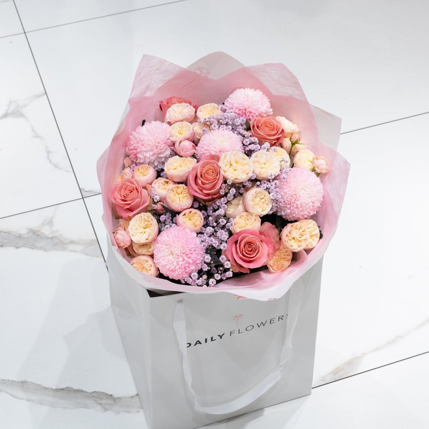 Cherry Blossom Chic bouquet with roses and gypsophila by Daily Flowers