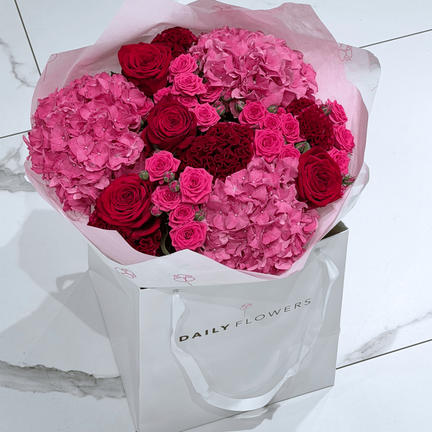 Chic Cherry Queen bouquet with roses and hydrangea by Daily Flowers