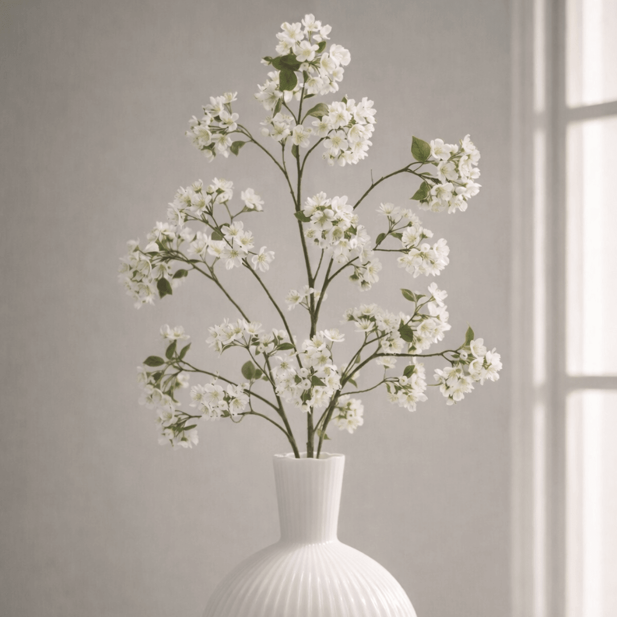 Ivory artificial apple tree branch close-up