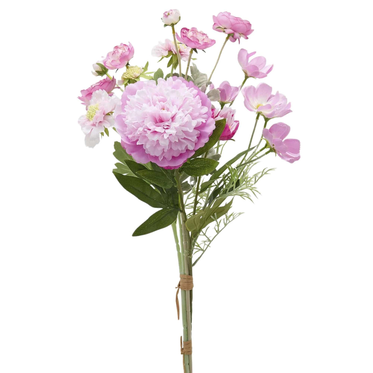 Dark pink artificial peony bouquet with ranunculus and cosmos, tied with raffia