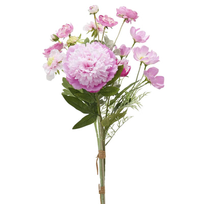 Dark pink artificial peony bouquet with ranunculus and cosmos, tied with raffia