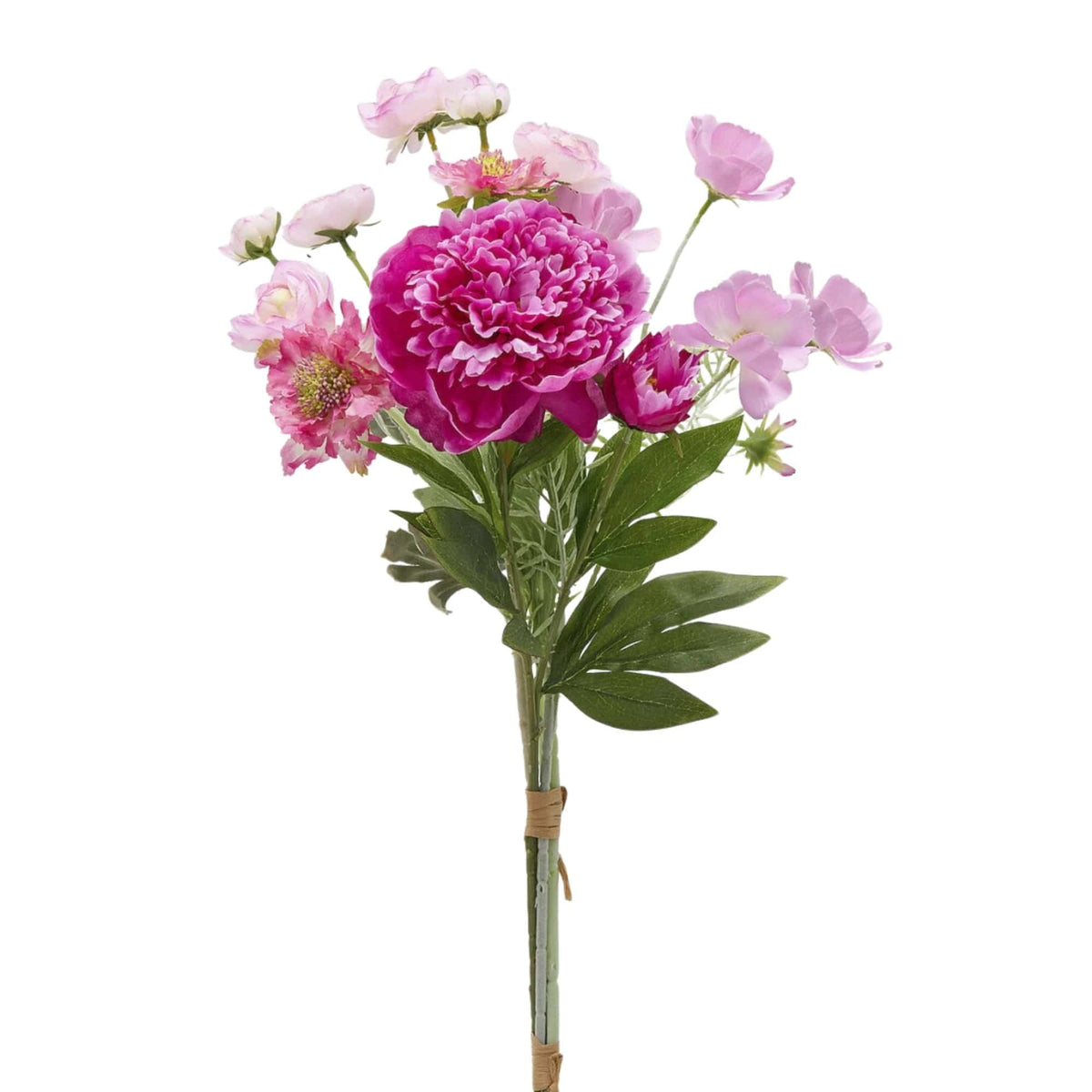 Fuchsia artificial peony bouquet with pink ranunculus, scabiosa and cosmos