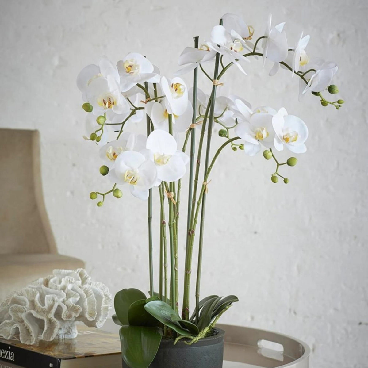 White artificial Phalaenopsis orchid arrangement styled on a side table in a living room