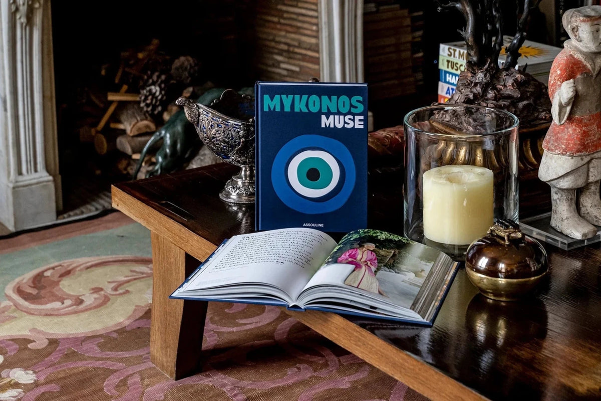 Assouline Mykonos Muse coffee table book desktop