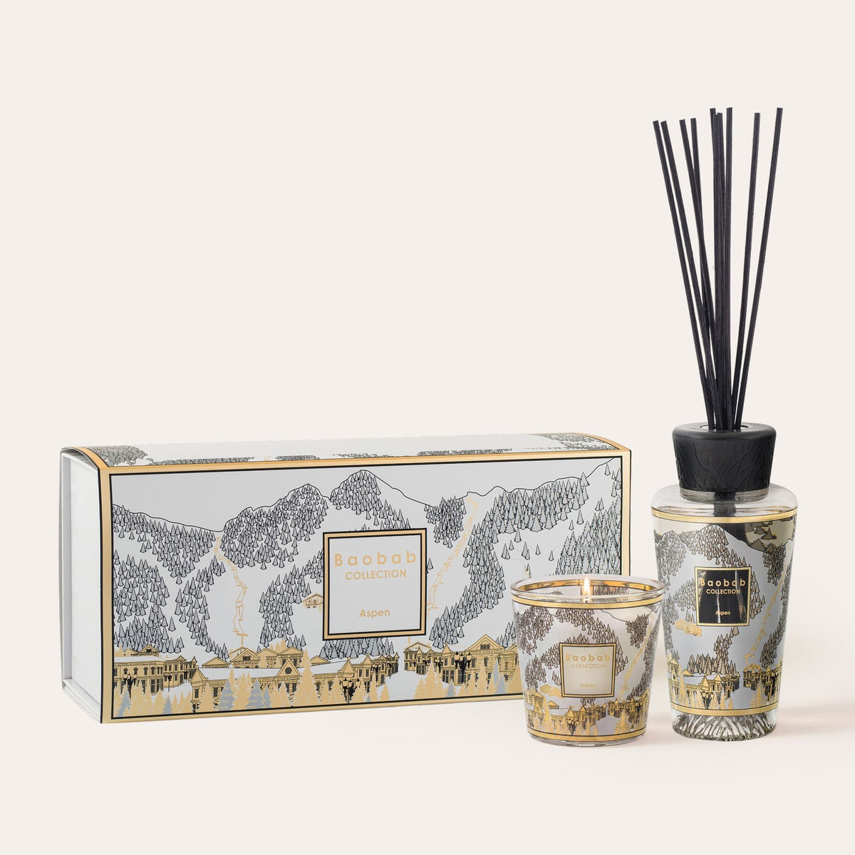 Gift Box My First Baobab Aspen: scented candle and reed diffuser with gold and silver pine tree print, candle 8 cm, diffuser 250 ml