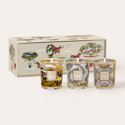 Baobab Trio Travel Candles Aspen, Likááh & Far West: three mini scented candles in an illustrated travel-trunk gift box, 6 cm each