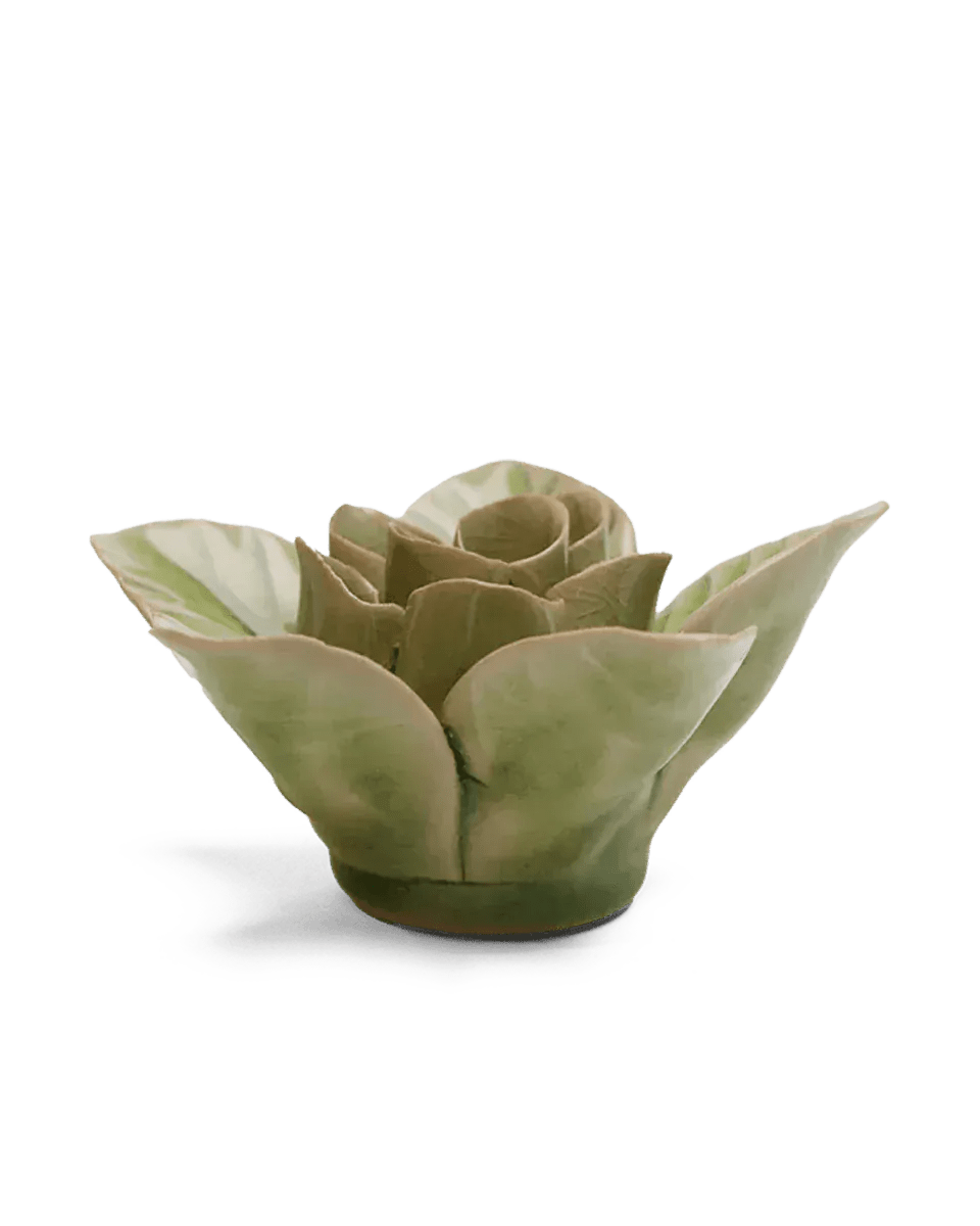Peridot Green Maiden Lotus ceramic flower side view