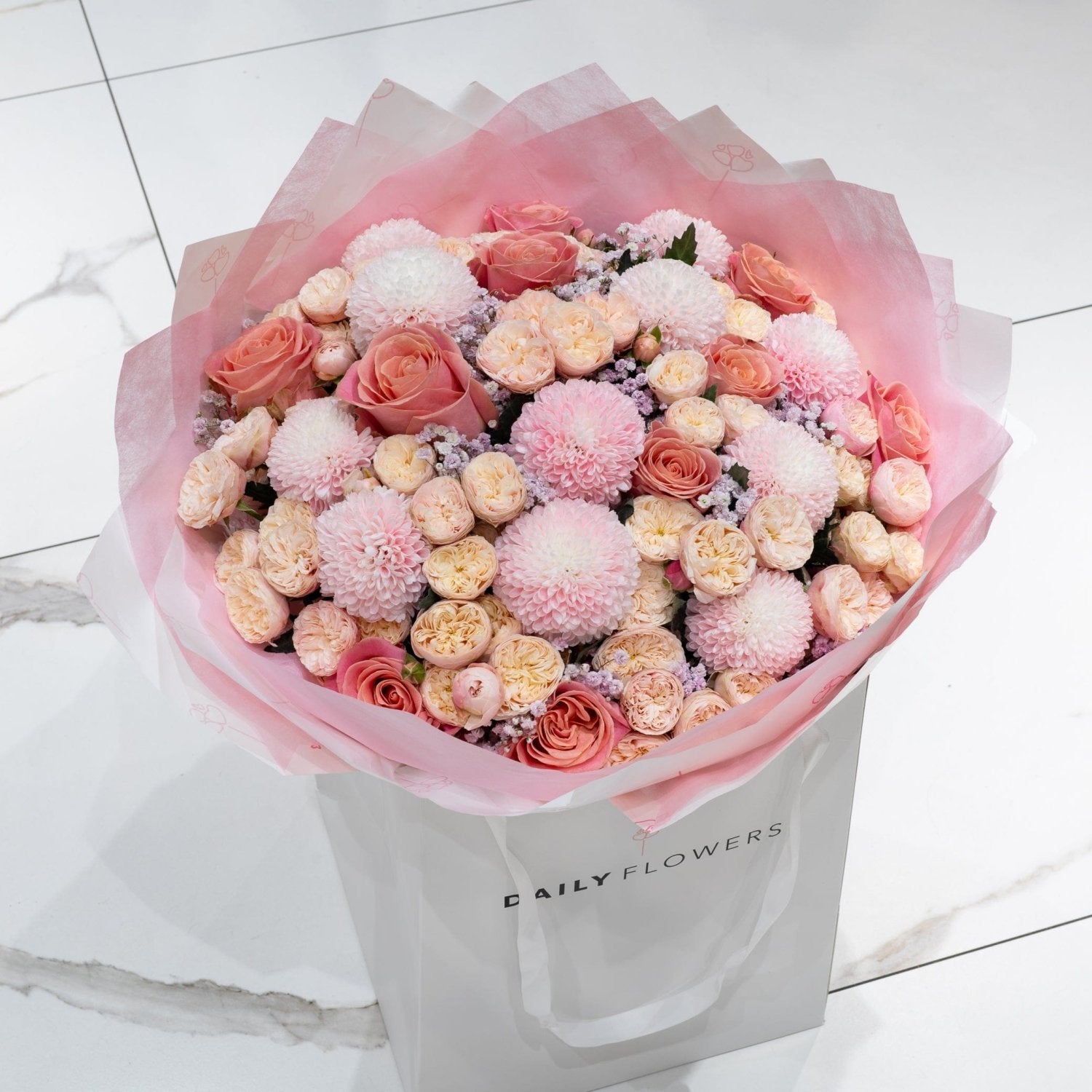 Cherry Blossom Chic bouquet with roses and gypsophila by Daily Flowers