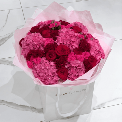 Chic Cherry Queen bouquet with roses and hydrangea by Daily Flowers