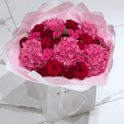 Chic Cherry Queen bouquet with roses and hydrangea by Daily Flowers