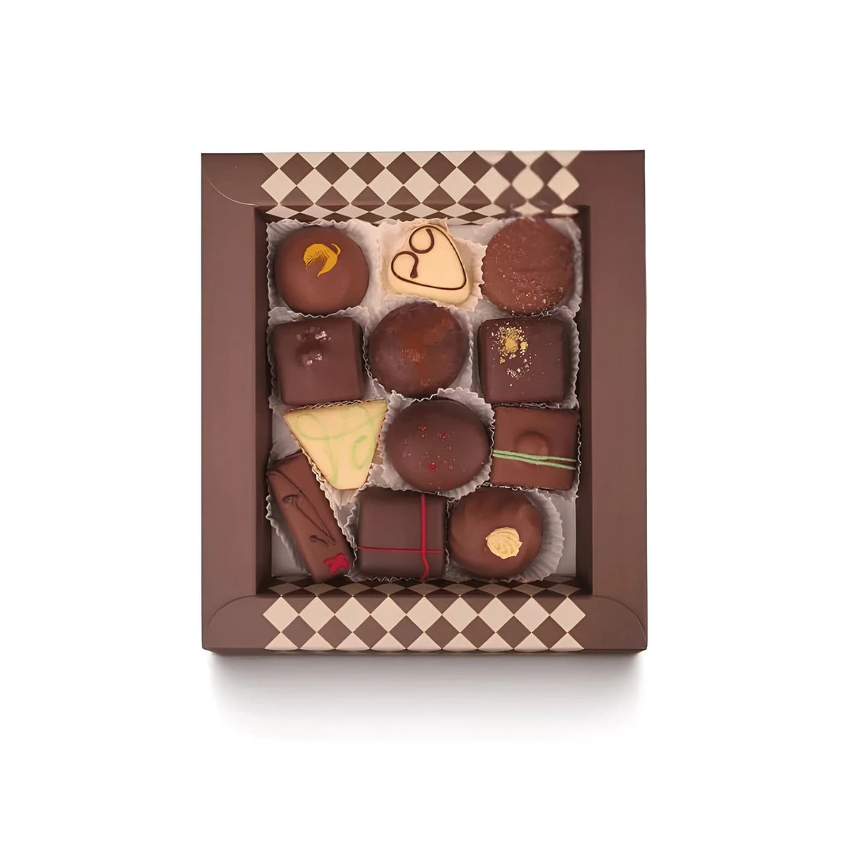 De Bonte Koe Letterbox Bonbons Winter Edition: open brown gift box with 12 handmade winter bonbons
