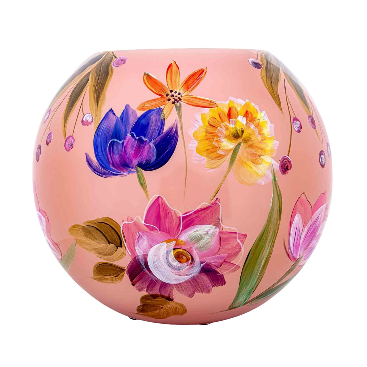 Hand Painted Bolvase Rosy Aurora: large round pink glass bowl vase hand-painted with colourful flowers, 40 cm diameter