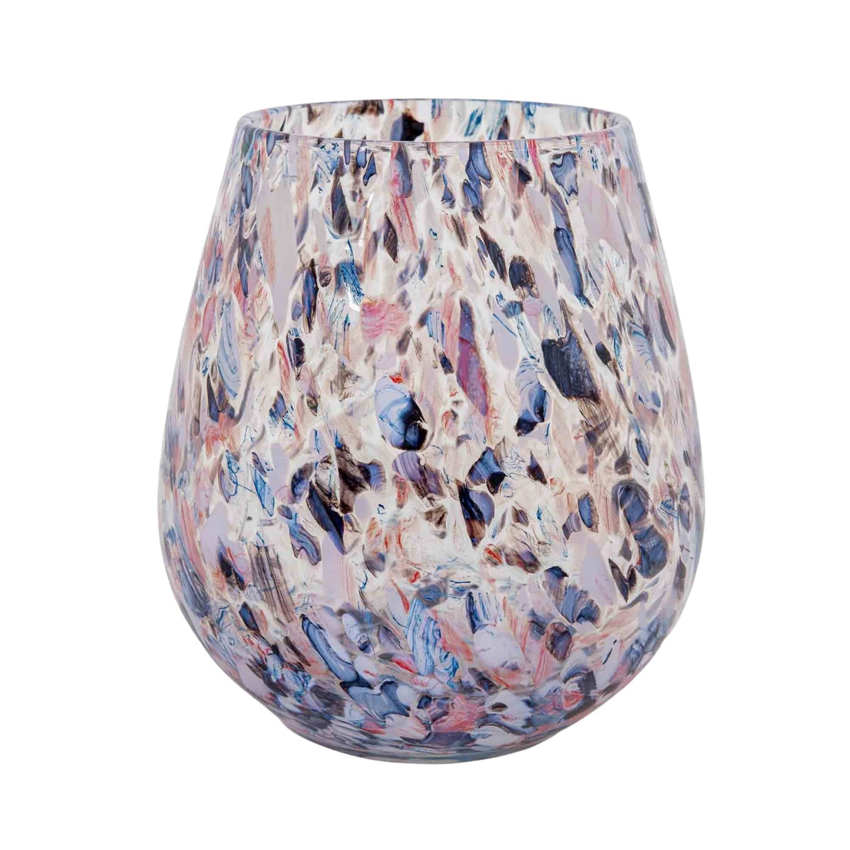 Oblique Vase Large Serene: egg-shaped glass vase with navy, dusty pink and lilac speckles, 27 cm high
