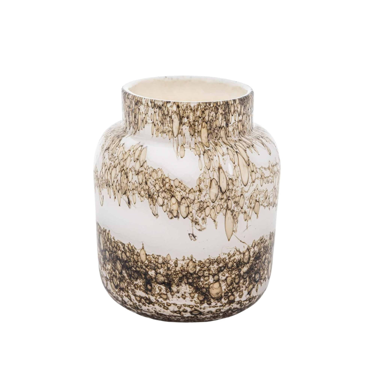 Vase Bloom Minerals H20: compact white glass vase with taupe and brown mineral bands, 20 cm high