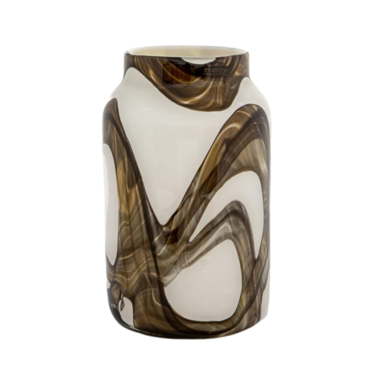 Vase Bloom Bruno: cylindrical ivory glass vase with flowing smoky brown swirls, 30 cm high