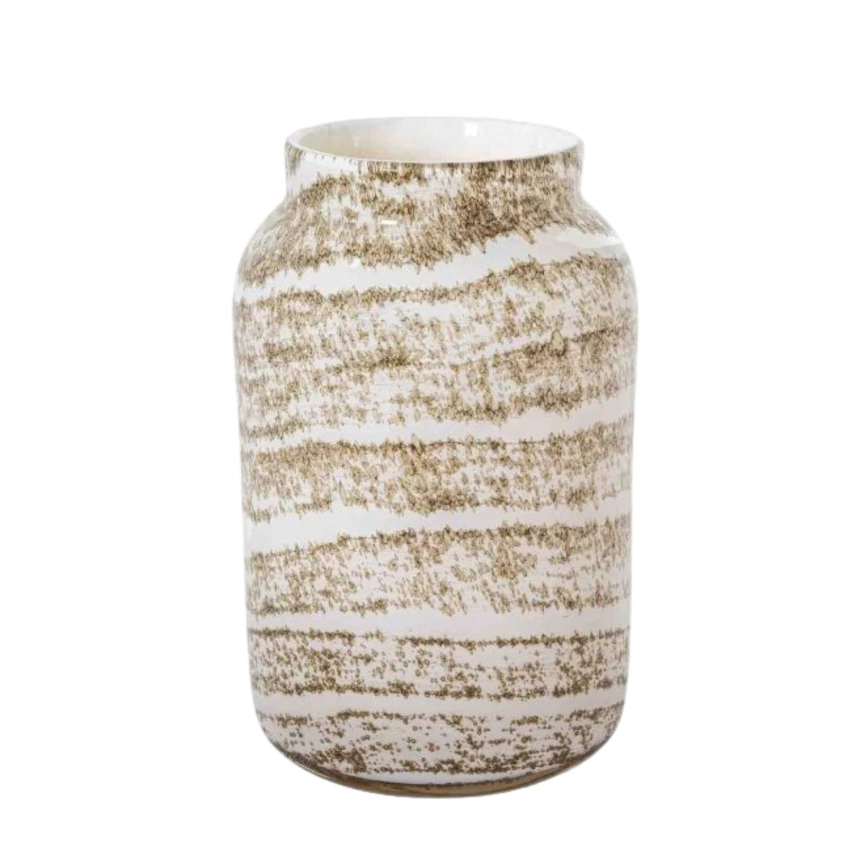 Vase Bloom Minerals H30: cylindrical white glass vase with taupe mineral bands, 30 cm high