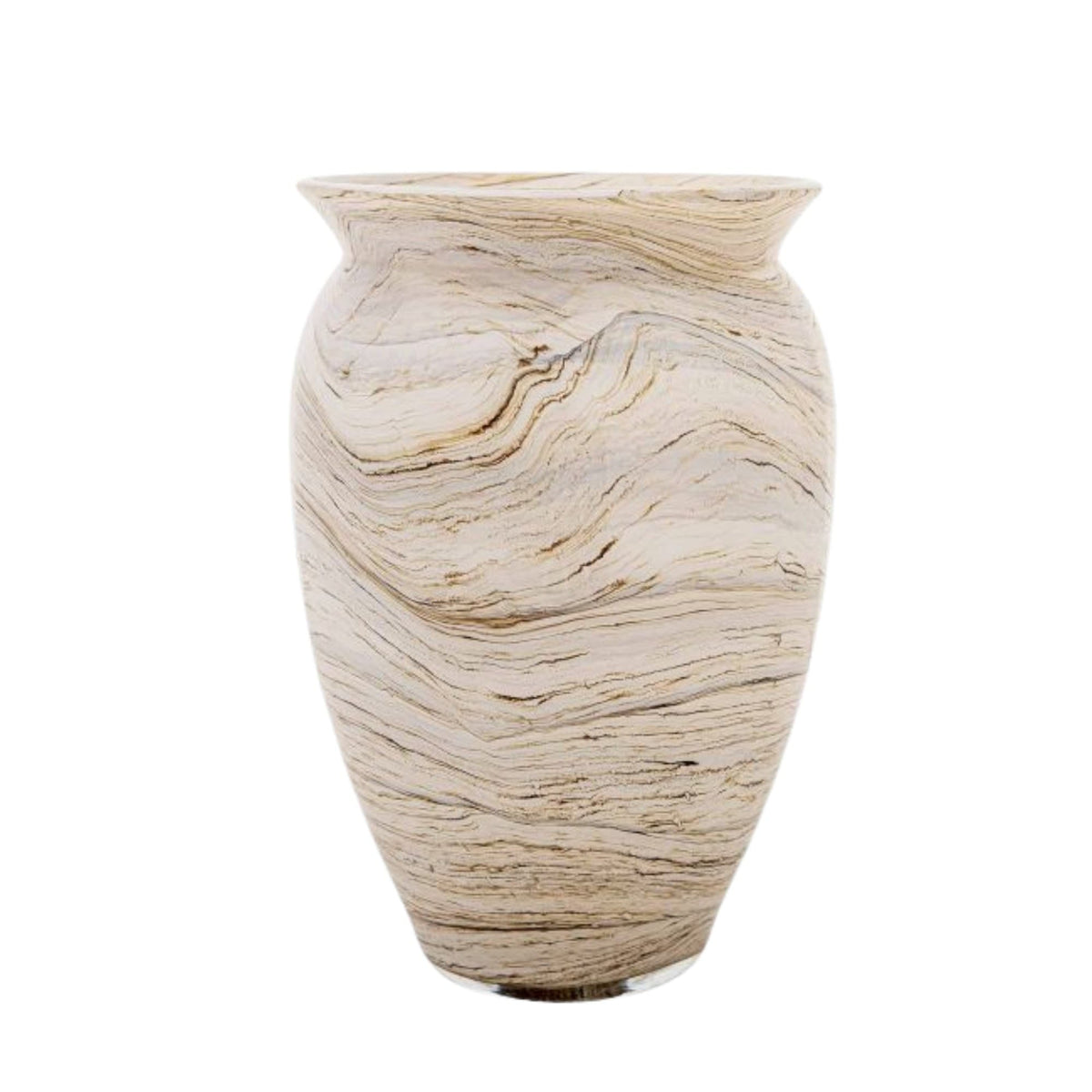 Vase Brindisi Large Stoned: urn-shaped glass vase with cream and taupe marble swirls, 35 cm high