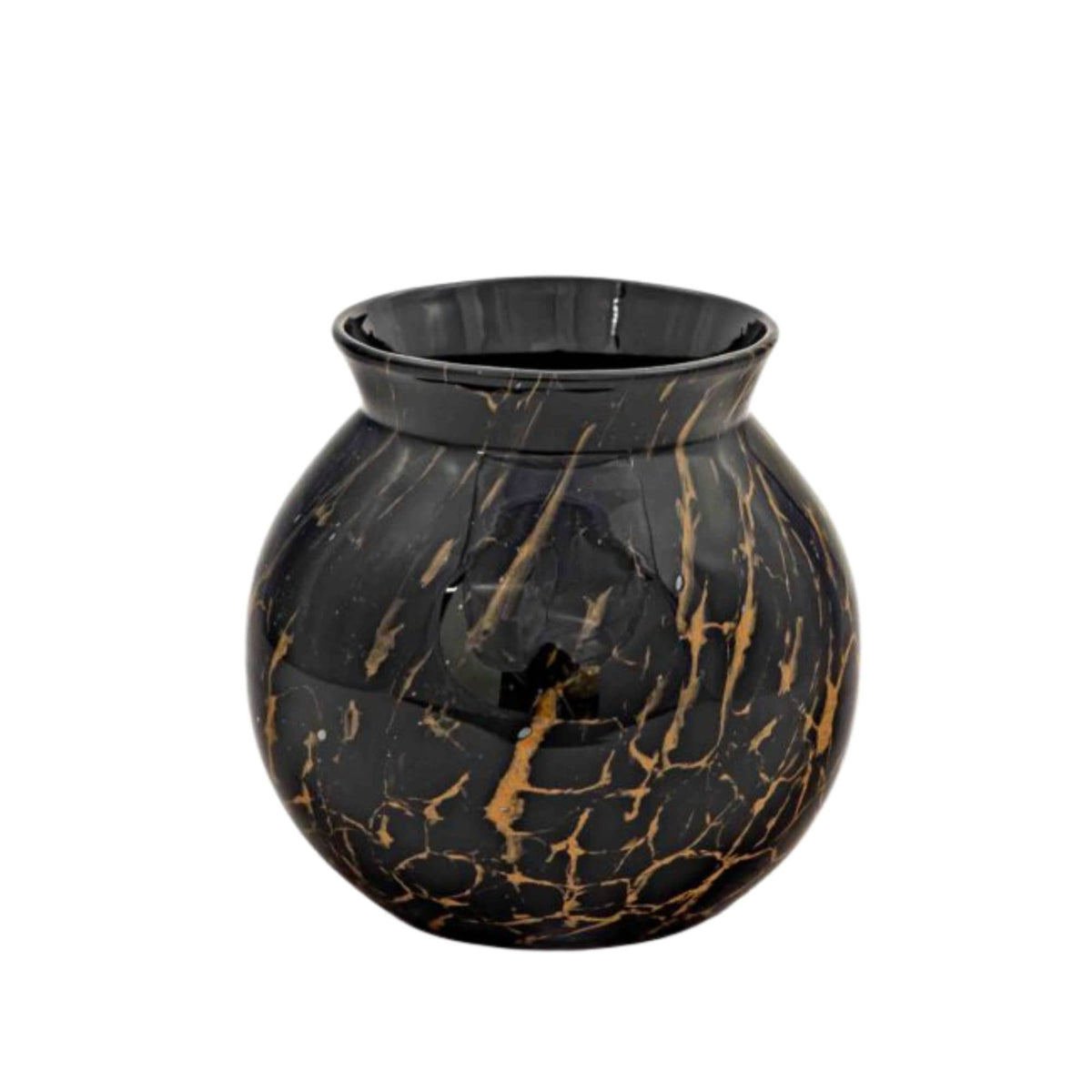 Vase Convesso Vulcany: round black glass vase with gold-copper veins, 16 cm diameter