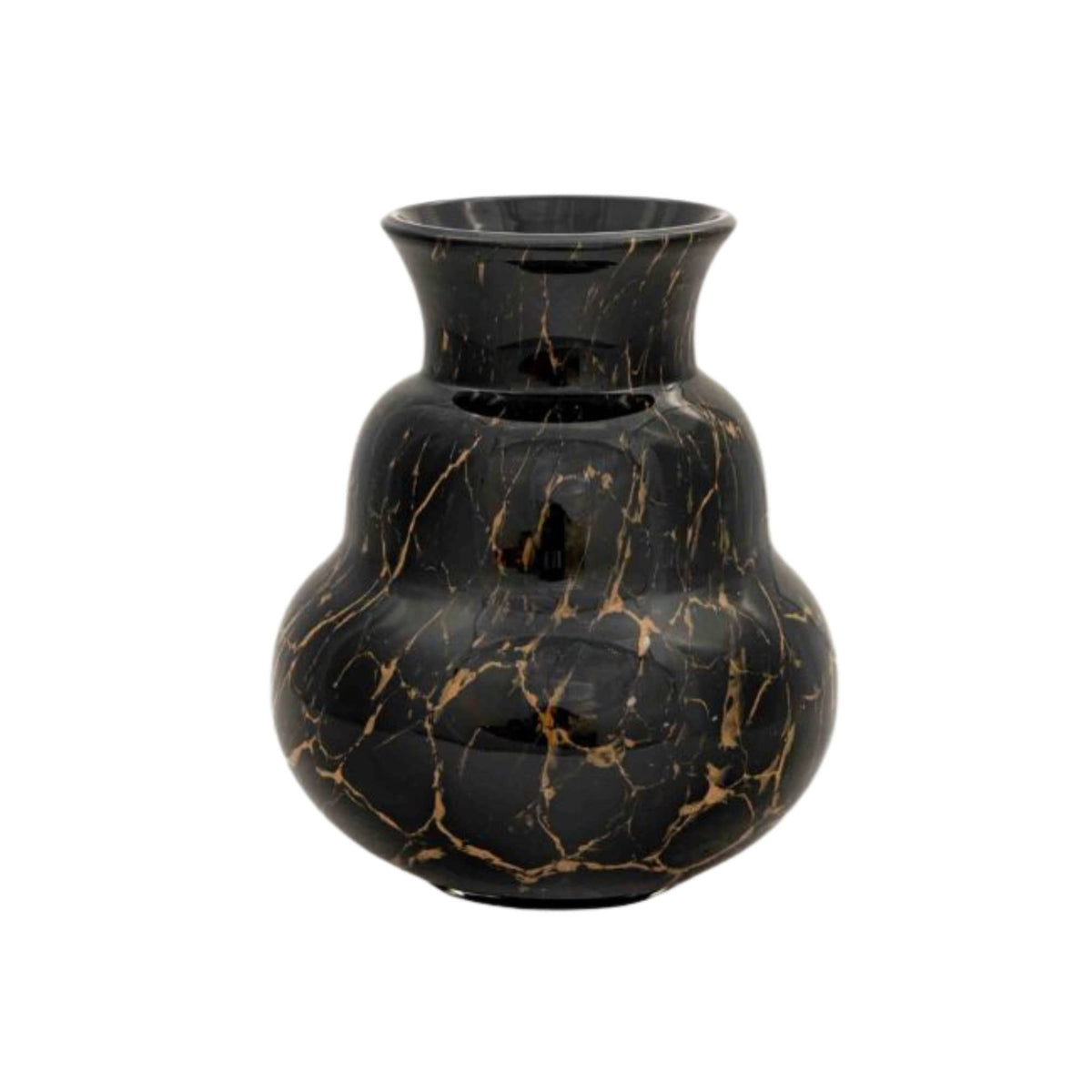 Vase Figura Vulcany: curvy black glass vase with gold-copper veins, 20 cm high