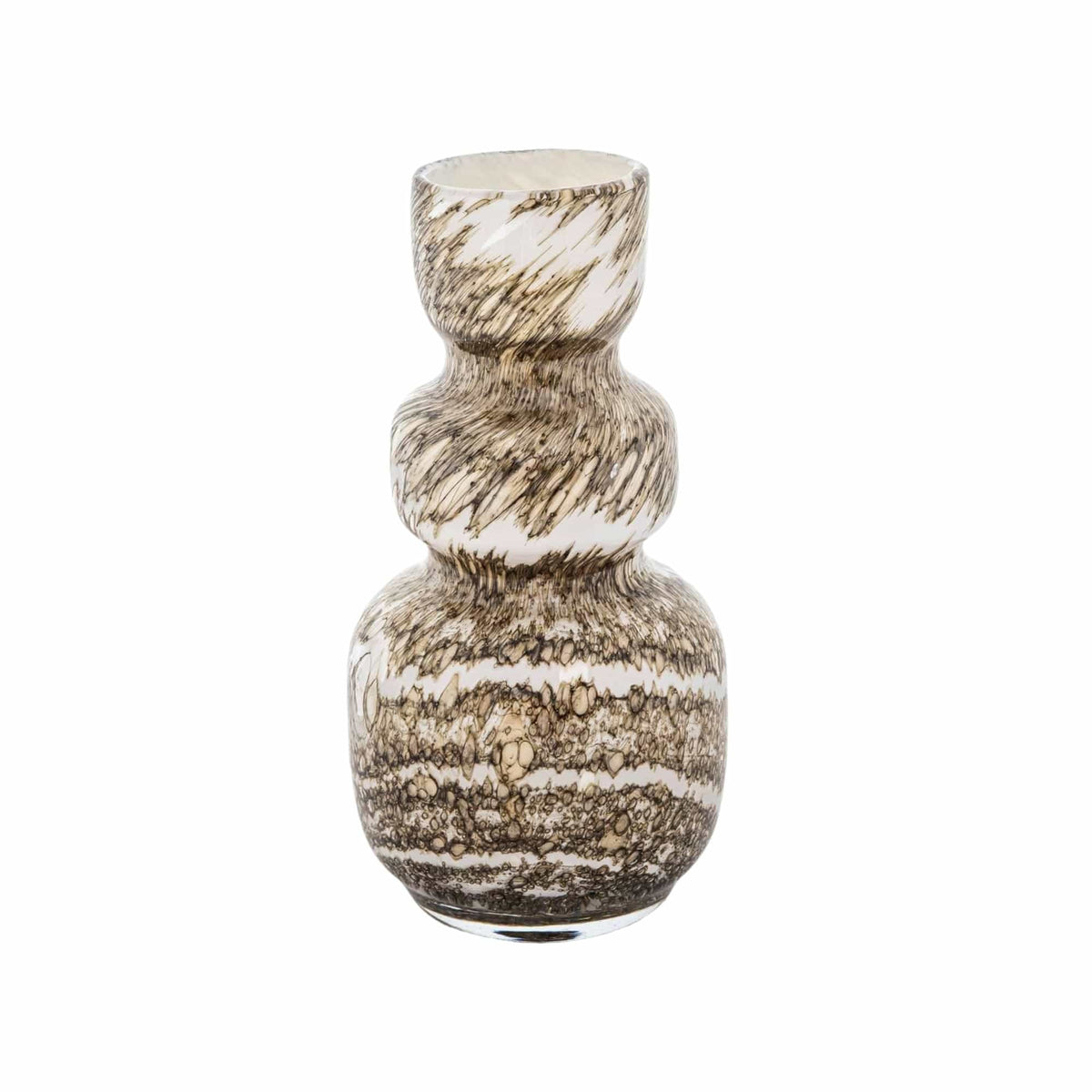 Vase Liona Minerals: stacked bubble-shaped white glass vase with taupe mineral swirls, 25 cm high