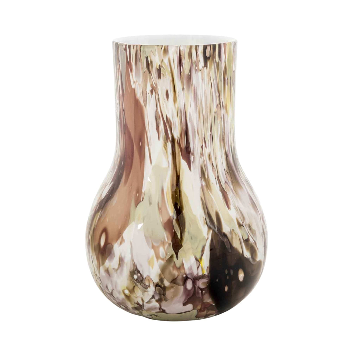 Vase Livorno Naturals: bulbous hand-blown glass vase with cream, taupe and dark brown marbling, 30 cm high