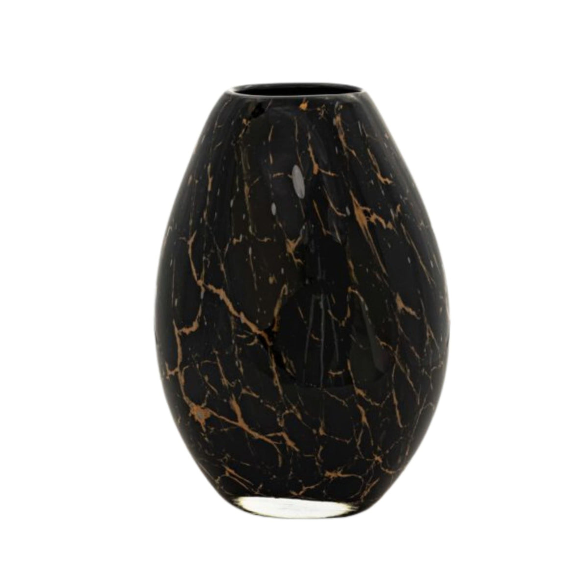 Vase Organic Vulcany: glossy black glass vase with gold-copper veins, 30 cm high