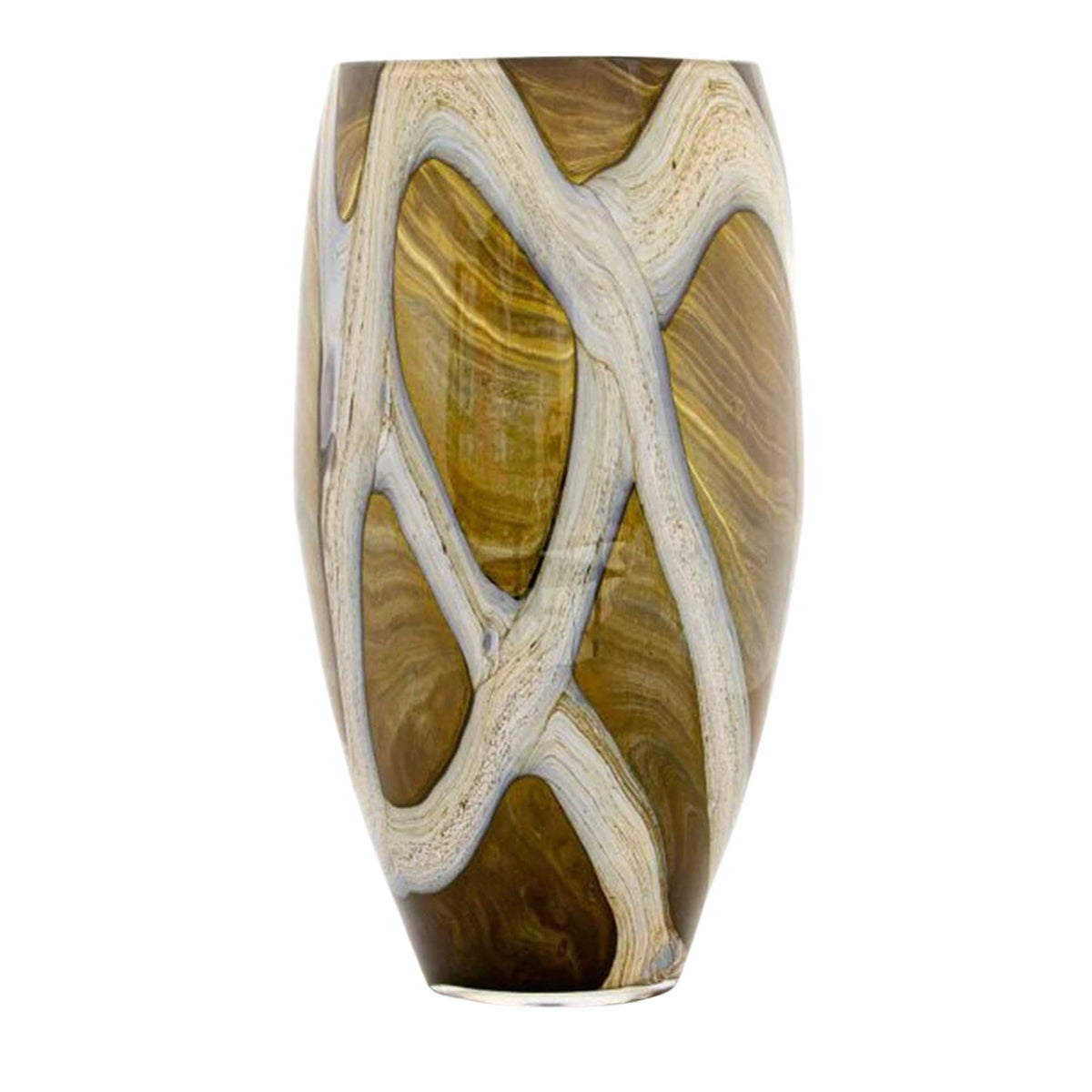 Vase Organic Tundra H40: tall elongated glass vase in olive and amber with cream veins, 40 cm high