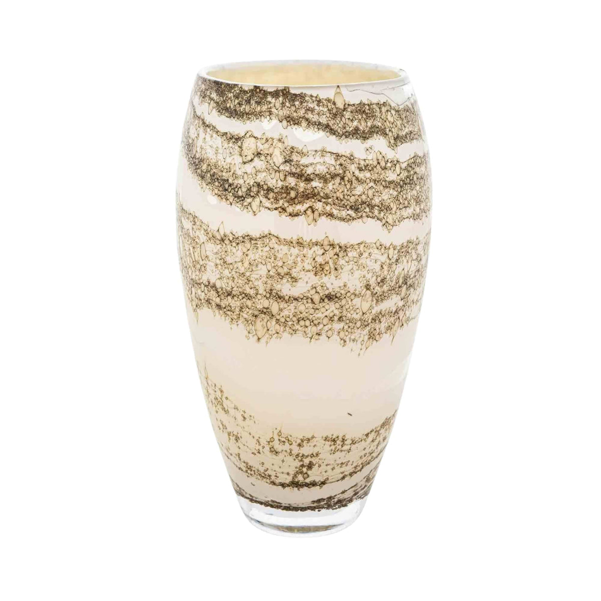 Vase Oval Minerals: oval cream glass vase with taupe and brown mineral bands, 30 cm high