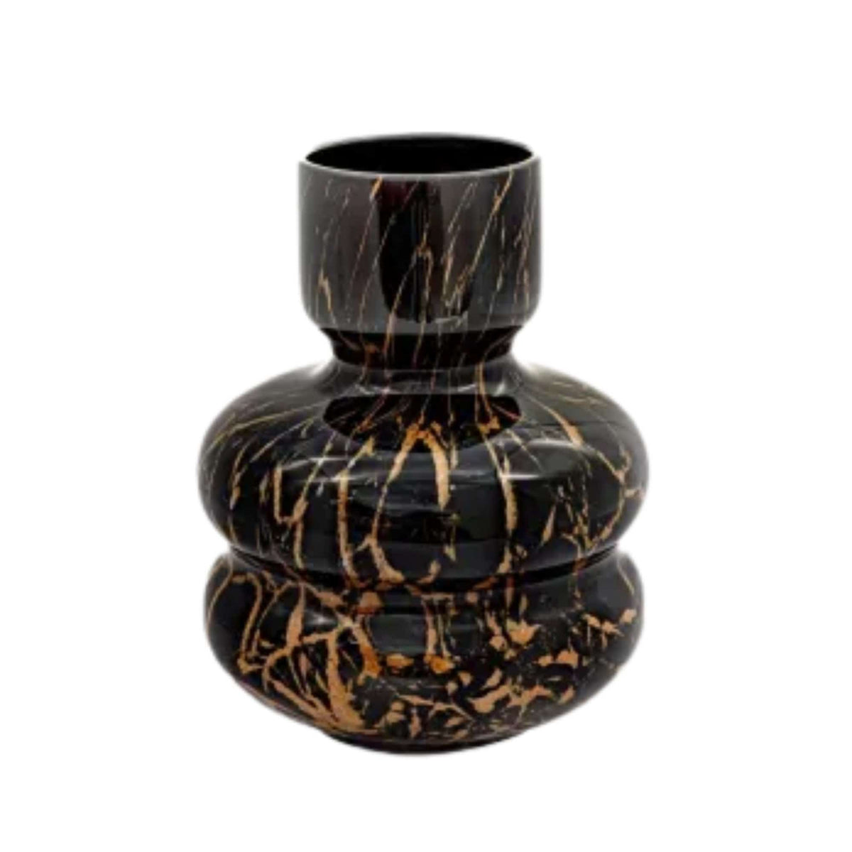 Vase Sienna Vulcany: stacked black glass vase with gold-copper veins, 25 cm high