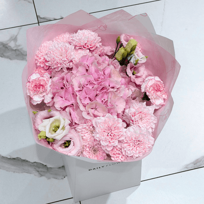 Pretty Pink Princess, Mini bouquet with hydrangea, lisianthus and chrysanthemums by Daily Flowers