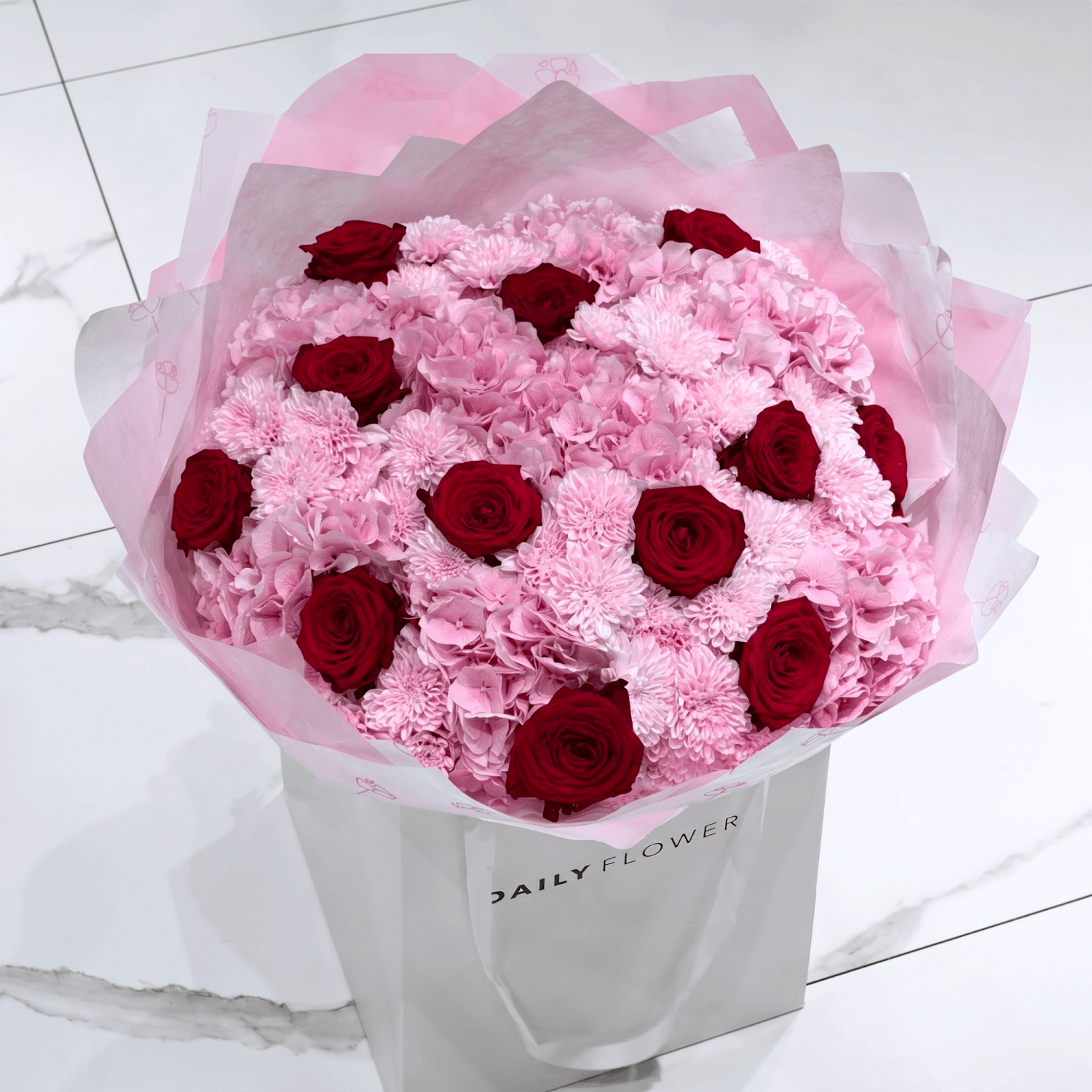 Red Romance Dream bouquet with roses, hydrangea and chrysanthemums by Daily Flowers