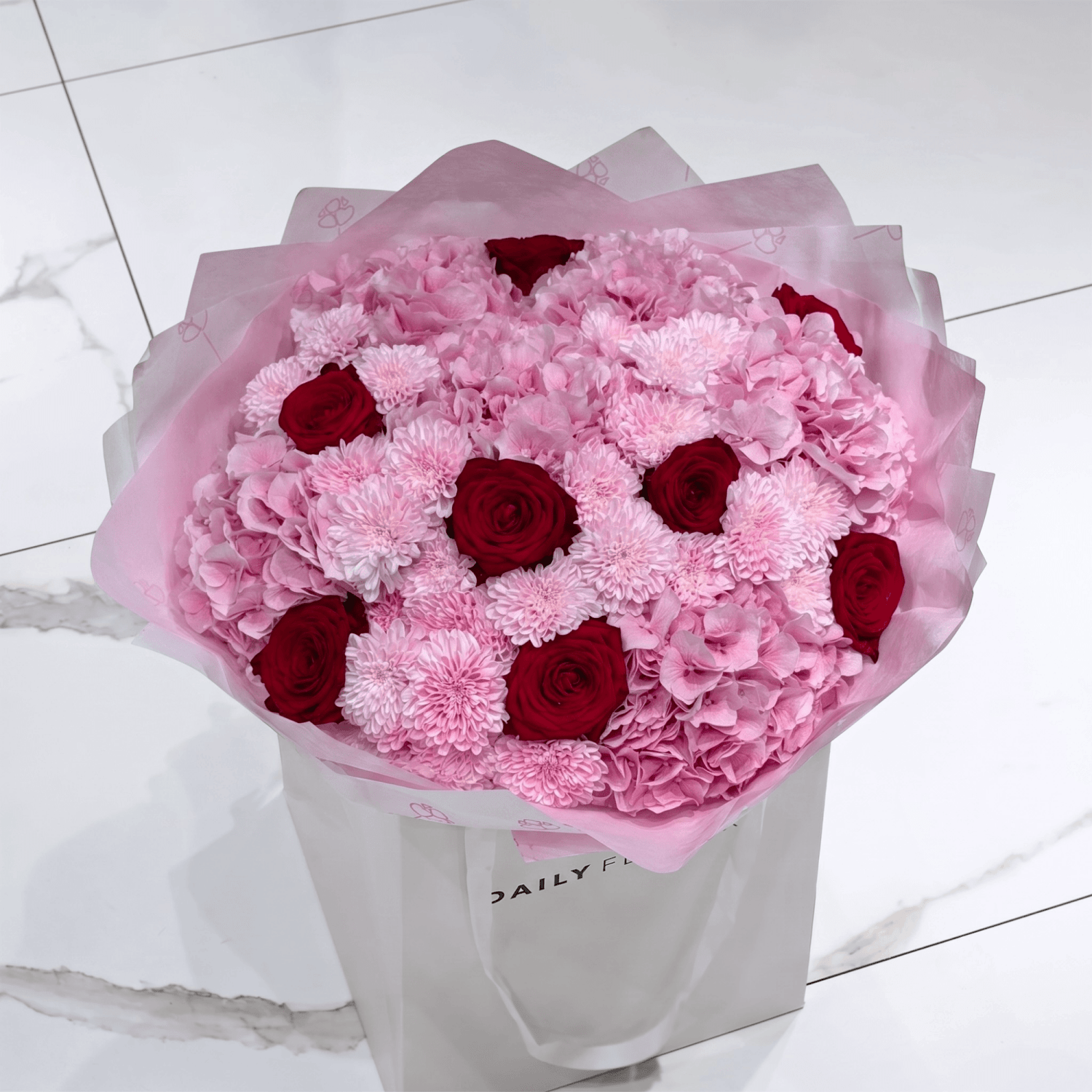 Red Romance Dream bouquet with roses, hydrangea and chrysanthemums by Daily Flowers