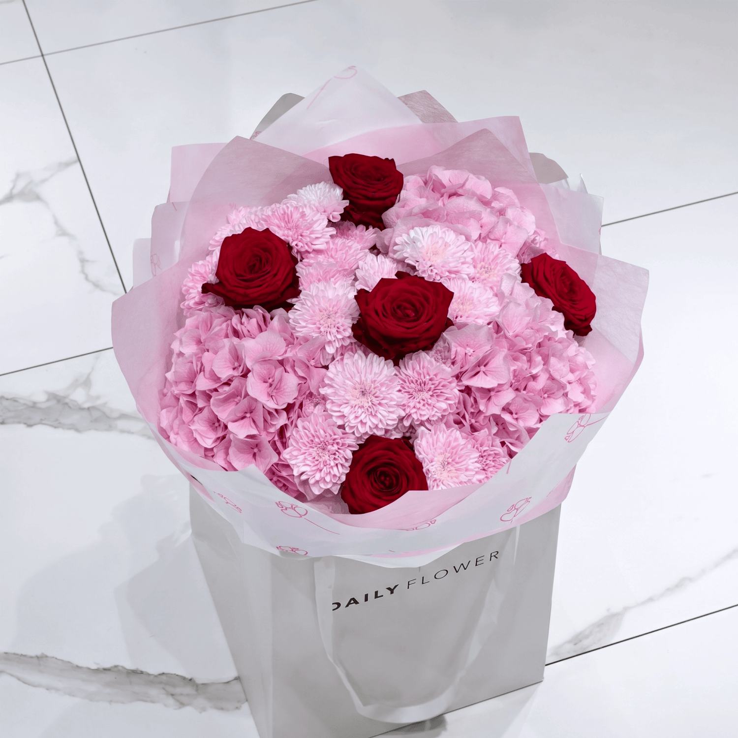 Red Romance Dream bouquet with roses, hydrangea and chrysanthemums by Daily Flowers