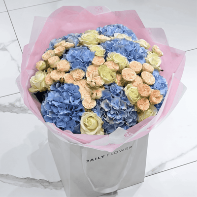 Royal Blue Blush bouquet with roses and hydrangea by Daily Flowers