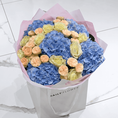 Royal Blue Blush bouquet with roses and hydrangea by Daily Flowers