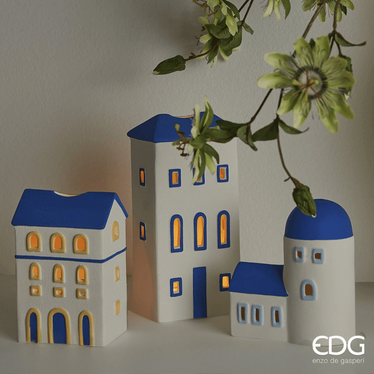 White blue tealight house close-up