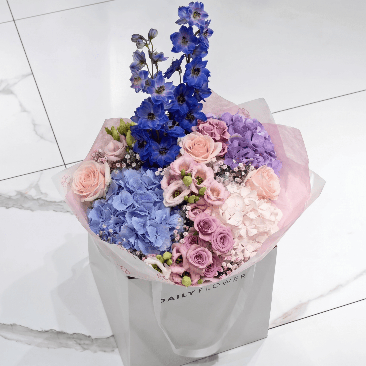 Violet Fairytale Dream bouquet with roses, hydrangea and gypsophila by Daily Flowers
