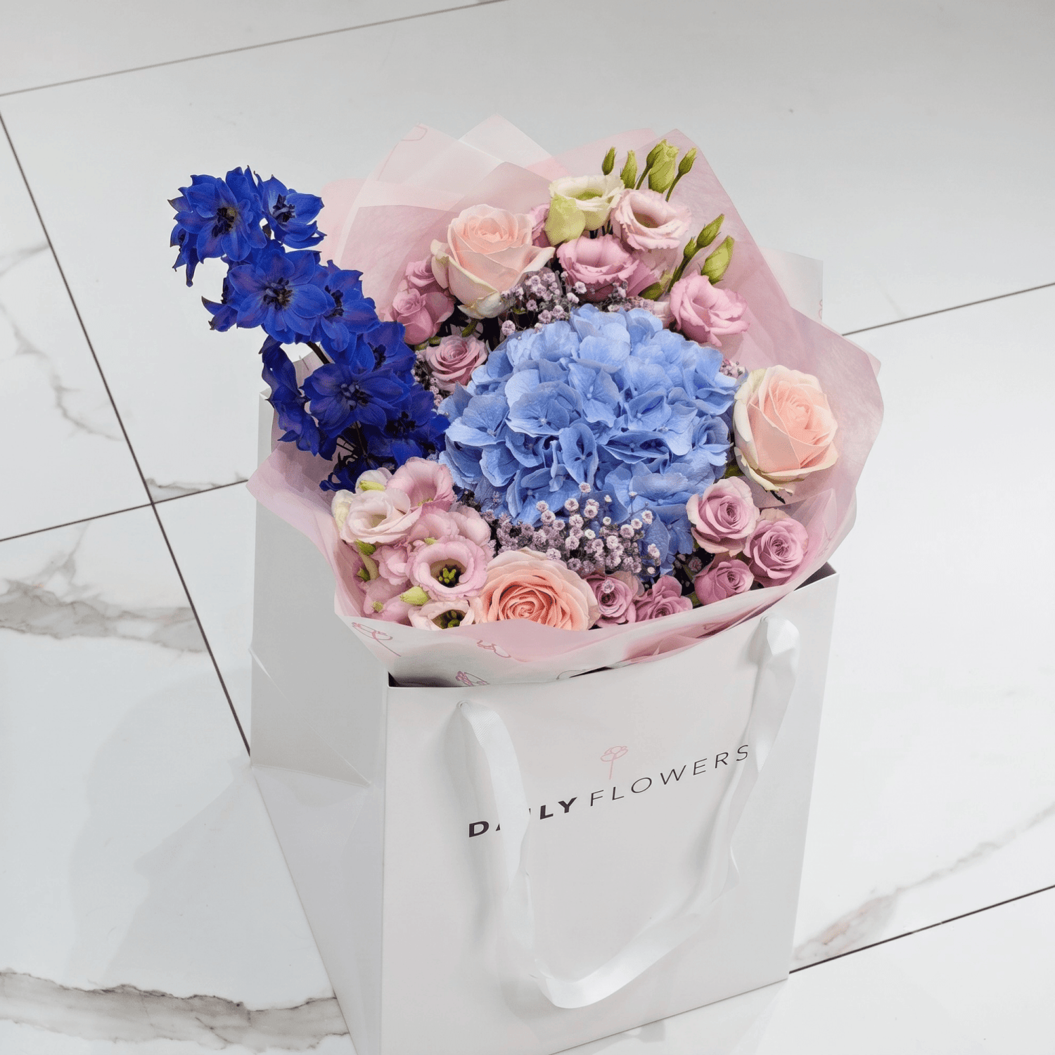 Violet Fairytale Dream bouquet with roses, hydrangea and gypsophila by Daily Flowers