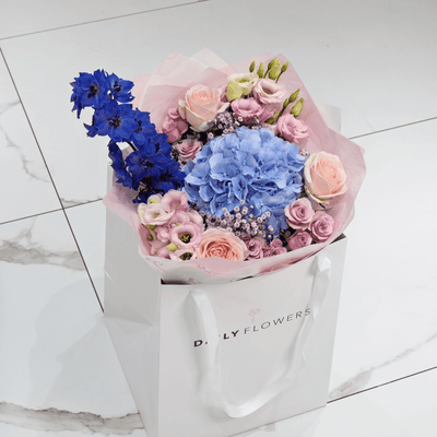 Violet Fairytale Dream bouquet with roses, hydrangea and gypsophila by Daily Flowers