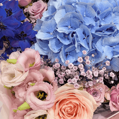 Violet Fairytale Dream bouquet with roses, hydrangea and gypsophila by Daily Flowers