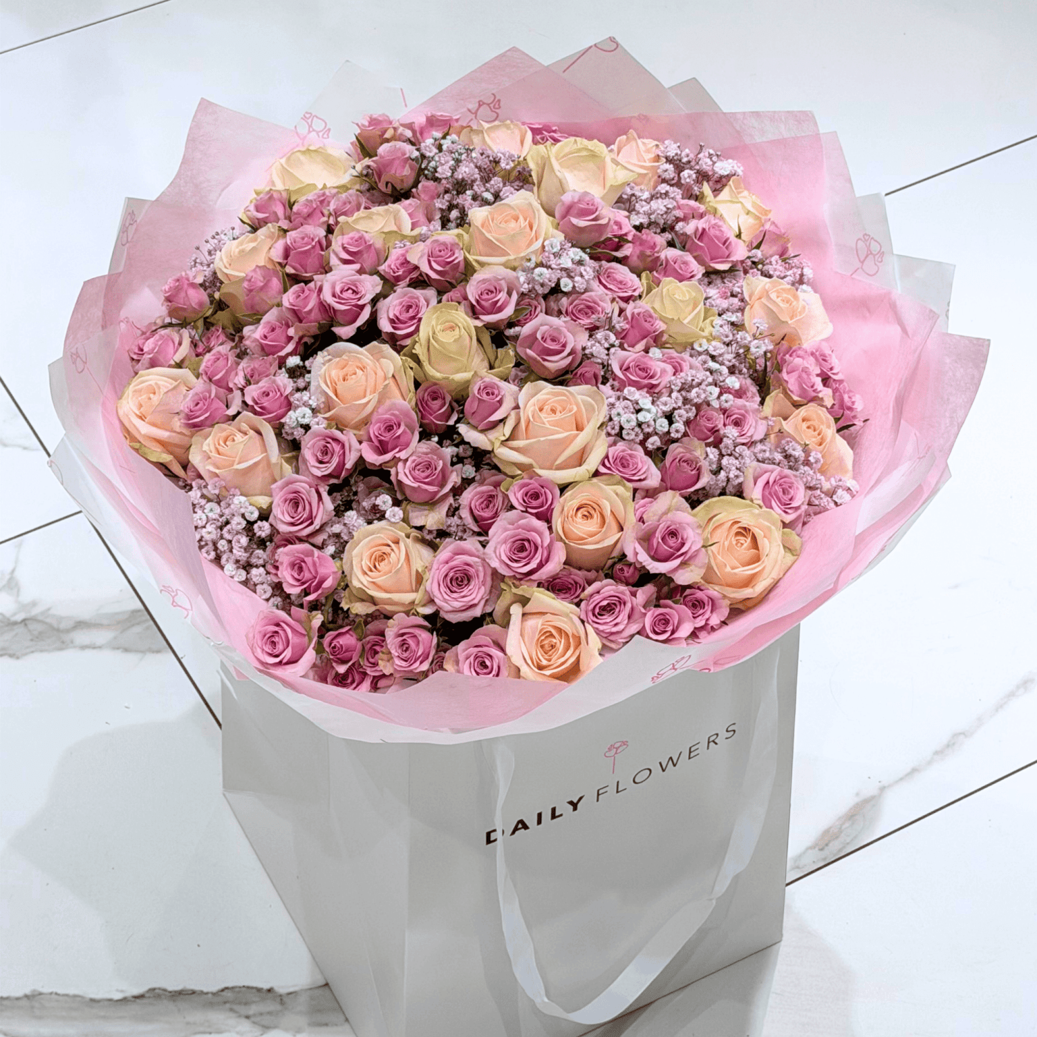Violet Princess bouquet with roses and gypsophila by Daily Flowers