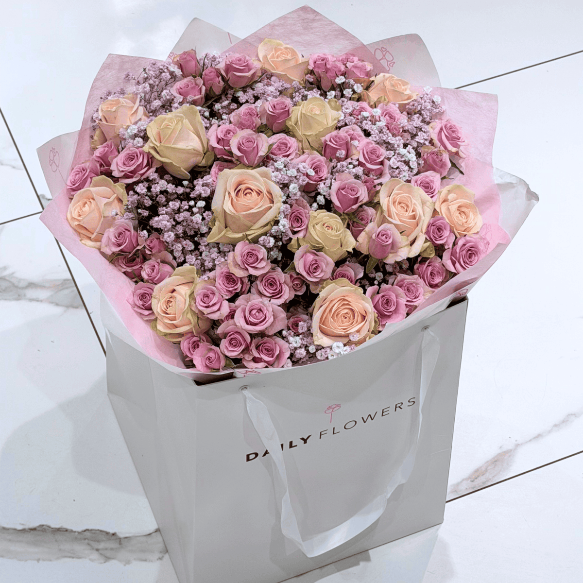 Violet Princess bouquet with roses and gypsophila by Daily Flowers