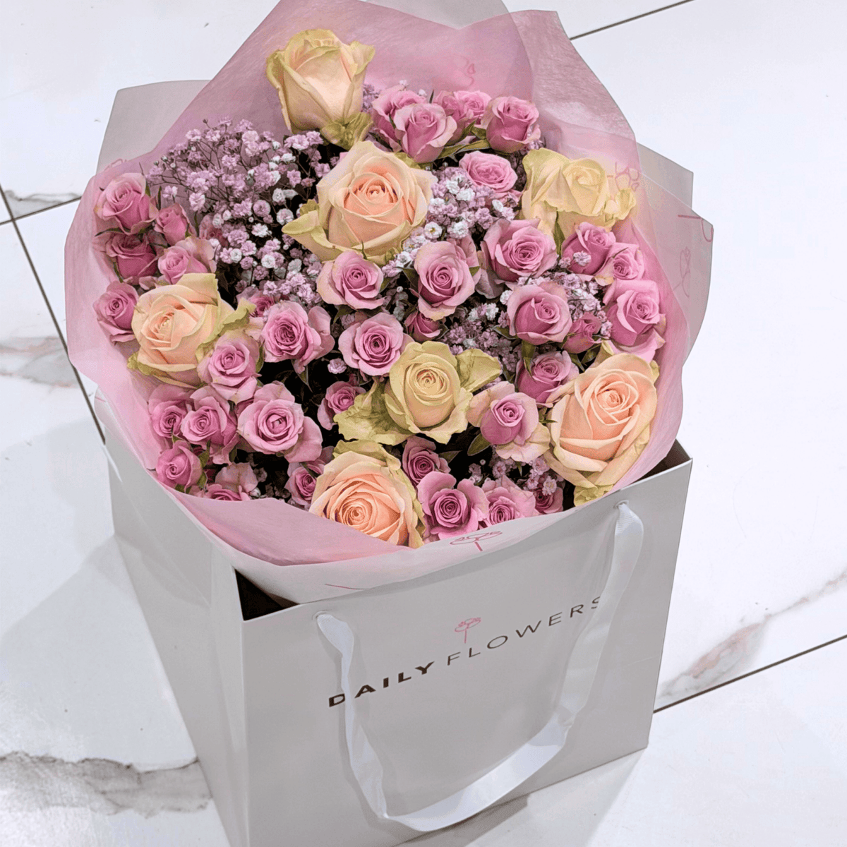 Violet Princess bouquet with roses and gypsophila by Daily Flowers