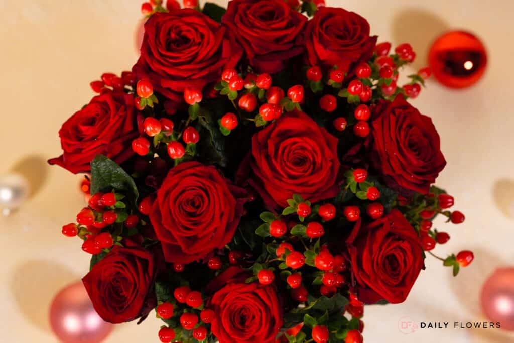 Red Naomi Roses with red Hypericum berries Romantic gift
